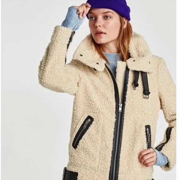 Zara Contrasting Faux Fur Jacket Sherpa Faux Leather Size Small Cream Biker Moto - Picture 1 of 8